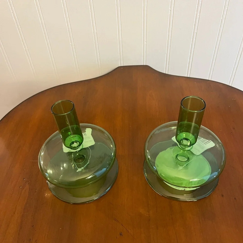 Green‎ Glass Candle Holders (two)
